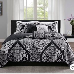 Madison Park Reversible Coverlet Set Black: Damask, OEKO-TEX Certified